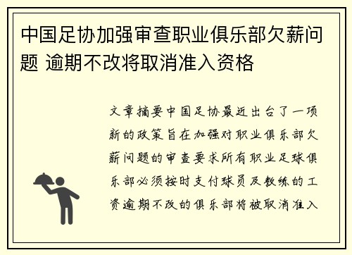 中国足协加强审查职业俱乐部欠薪问题 逾期不改将取消准入资格